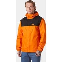 Orange Helly Hansen rain jacket, black shoulders, hooded, front zip, men's 2XL.