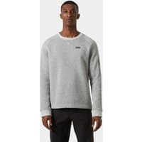 Grey Helly Hansen crewneck sweatshirt, ribbed cuffs and hem, small logo on chest, worn by a male model.