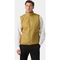 Beige Helly Hansen men's insulated vest with high collar, front zipper, and lightweight design, size XL.