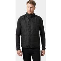 Black Helly Hansen men's insulated vest, quilted design, high collar, front zipper, size XL.