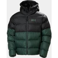 Green and black Helly Hansen men's puffy jacket with hood, full zip, and logo on chest, size XL.