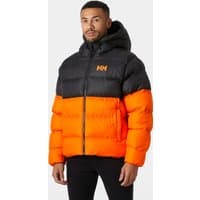 Orange and black Helly Hansen men's puffy jacket with hood, XL size, featuring HH logo on chest.