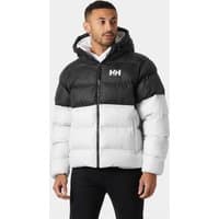 White Helly Hansen men's puffy jacket with black shoulders, hood, and logo, size XL.
