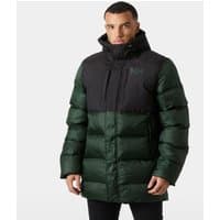 Green Helly Hansen men's puffy long jacket with black shoulders, hood, and logo, size XL.