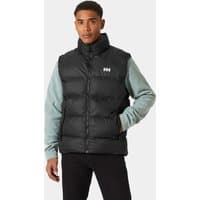 Black Helly Hansen men's puffy vest with front zipper, high collar, and logo on chest, worn over a light gray hoodie.