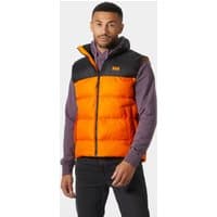 Orange Helly Hansen men's puffy vest, black shoulders, zip closure, XL size, worn by a model.