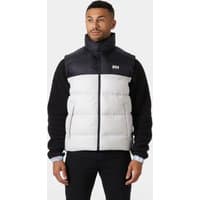 White Helly Hansen men's puffy vest with black shoulders, high collar, and front zipper closure, size L.