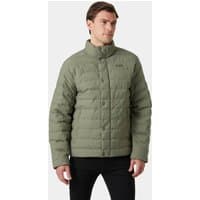 Green Helly Hansen quilted jacket with stand collar and button closure, worn by a male model.