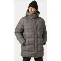 Brown Helly Hansen men's Alby puffy parka with hood, quilted design, and front zipper, size L.