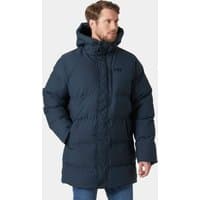 Navy Helly Hansen men's Alby puffy parka with hood, quilted design, and front zipper, size XL.
