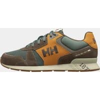 Green and brown Helly Hansen leather sneaker with orange accents, lace-up closure, and HH logo on the side.