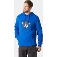 Blue Helly Hansen hoodie with a drawstring hood and graphic logo on the chest, worn by a male model.