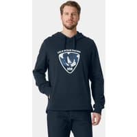 Navy Helly Hansen hoodie with Arctic Ocean Racing logo, drawstring hood, and kangaroo pocket.