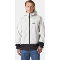 White Helly Hansen hooded jacket with black hem and cuffs, front zipper, and logo on chest, size XL.