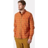 Orange plaid Helly Hansen men's flannel shirt with long sleeves and button-up front.