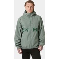 Grey Helly Hansen men's rain jacket with hood, large green logo across chest, zip front, and elastic cuffs.
