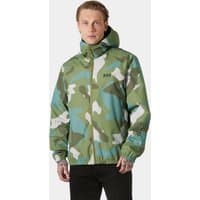 Helly Hansen grey rain jacket with green camo pattern, hood, and logo on chest, worn by a model.