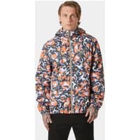 Orange Helly Hansen rain jacket with abstract graphic pattern, hooded design, and front zipper closure.