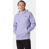 Purple Helly Hansen men's hoodie with graphic logo on chest, drawstring hood, and kangaroo pocket.