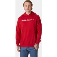 Red Helly Hansen hoodie with white logo text on chest, drawstring hood, and ribbed cuffs, worn by a model.