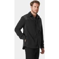 Black Helly Hansen men's fleece shirt, size S, with a full zip front and high collar, featuring subtle shoulder accents.