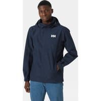 Navy Helly Hansen men's rain jacket with hood, front zipper, and logo on chest, size small.