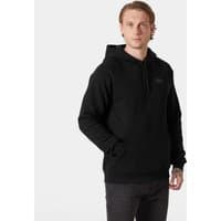 Black Helly Hansen men's hoodie with drawstring hood and front pouch pocket, size L.