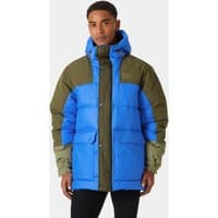 Blue and olive Helly Hansen men's down jacket with hood, front zipper, and large pockets, size XL.
