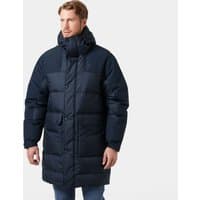 Navy Helly Hansen men's parka with hood, quilted design, and front zipper closure, size L.