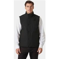 Black Helly Hansen men's insulated vest with front zipper, snap buttons, and high collar, worn over a white shirt.