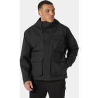 Black Helly Hansen men's rain jacket with hood, front zipper, snap buttons, and multiple pockets, size 2XL.