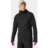 Black Helly Hansen men's hooded midlayer jacket with front zipper, side pockets, and subtle logo on chest.