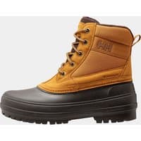Brown Helly Hansen men's Fraser Mid winter boots with leather upper, lace-up front, and rubber sole, size 6.5.