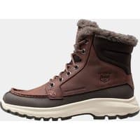 Brown Helly Hansen waterproof leather boots, size 12.5, with fur lining, lace-up front, and rugged sole.