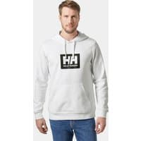White Helly Hansen hoodie with black logo on chest, drawstring hood, and ribbed cuffs, size L.