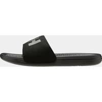 Black Helly Hansen slide sandal, size 9.5, with wide strap and logo, cushioned footbed, and textured sole.