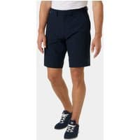 Navy blue Helly Hansen men's shorts, knee-length, with belt loops and side pockets, worn by a model.