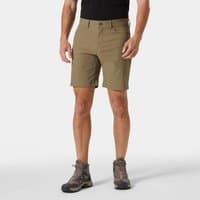 Green Helly Hansen men's shorts, five-pocket design, knee-length, button closure, worn by model with hiking boots.