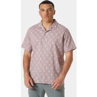 Purple Helly Hansen men's short sleeve shirt with subtle geometric pattern, button-up collar, and relaxed fit.