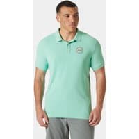 Green Helly Hansen men's polo shirt with short sleeves, buttoned collar, and logo on chest.