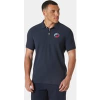 Navy Helly Hansen men's polo shirt with short sleeves, buttoned collar, and logo on chest.