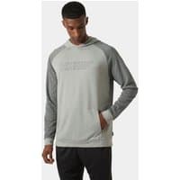 Grey Helly Hansen pullover hoodie with dark grey sleeves, front pocket, and subtle logo on chest.