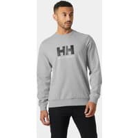 Grey Helly Hansen men's crew sweatshirt with large black "HH" logo on chest, ribbed cuffs, and hem, size L.