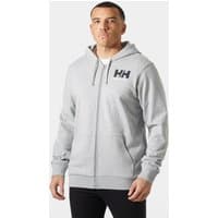 Grey Helly Hansen men's full-zip hoodie, XL, with black logo on chest, drawstring hood, and ribbed cuffs.