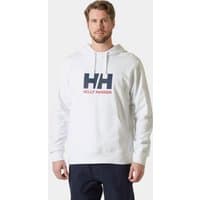 White Helly Hansen men's hoodie with large navy "HH" logo and red text on chest, size 2XL.