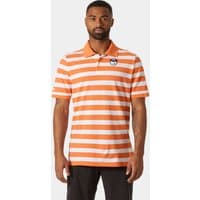 Orange and white striped Helly Hansen men's polo shirt with embroidered logo on chest.