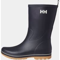 Navy Helly Hansen waterproof wellies with EVA insole, white logo, and tan rubber sole.