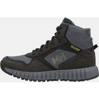 Black Helly Hansen waterproof winter boots with gray accents, high-top design, and rugged sole, size 9.