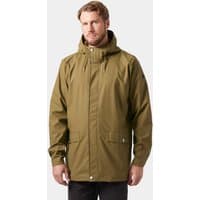 Brown Helly Hansen men's windproof rain coat with hood, front zipper, and snap buttons, size L.