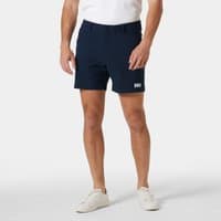 Navy Helly Hansen men's shorts, 6-inch length, elastic waistband, side pockets, white logo on left leg, size XL.